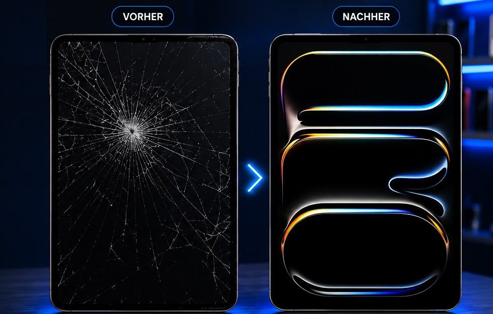 Ein iPad mit gesprungenem Display daneben dasselbe Gerät nach dem Displaytausch