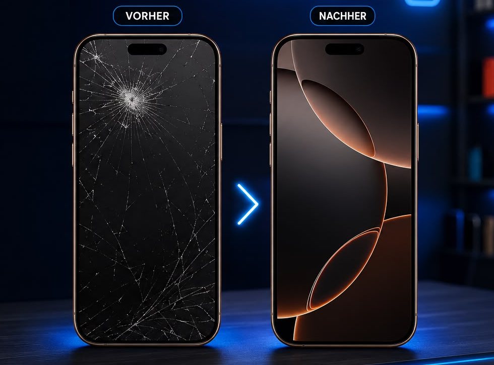Ein iPhone mit zersplittertem Display daneben dasselbe Modell nach der Reparatur mit makellosem Bildschirm